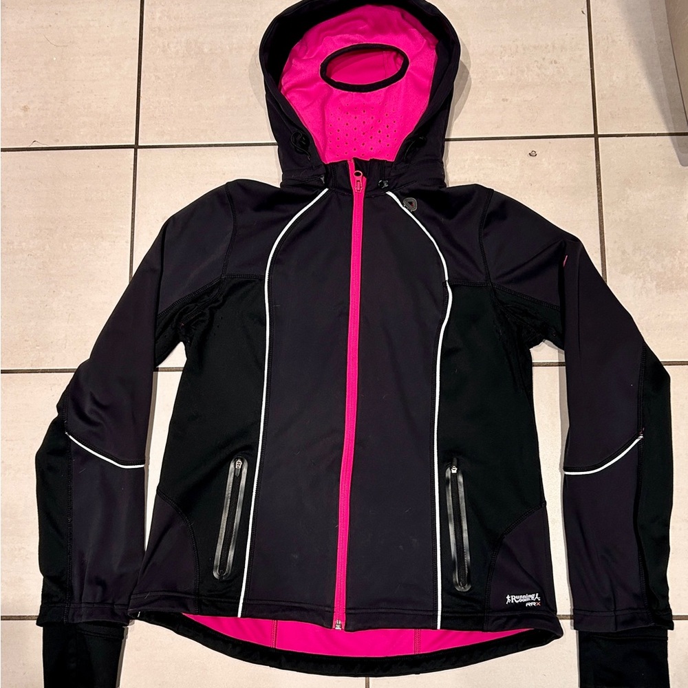 Stylish Women's Black and Pink Running Jacket with built in balaclava.